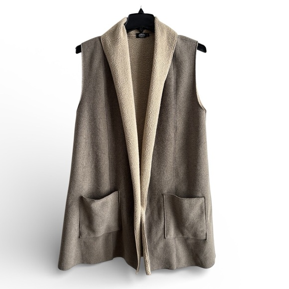 Cameleon Sylvia Vest Taupe & Cream Sherpa Lined Open Front Large Lagenlook Tunic - Picture 12 of 12